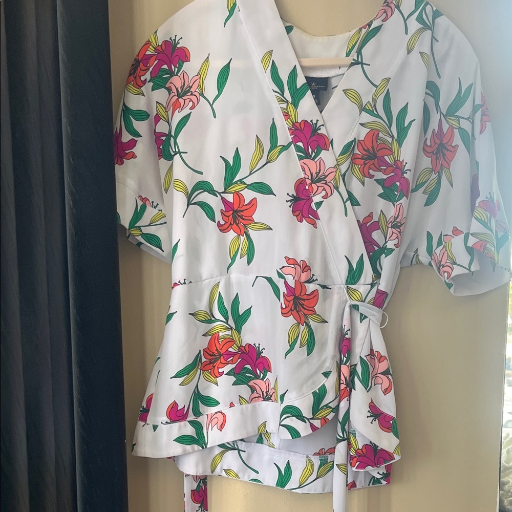 Worthington Floral Wrap Blouse - White with Pink, Green, and Yellow